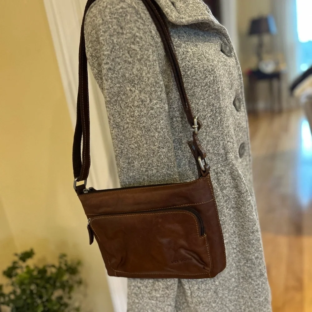 Jack Georges Voyager Brown Leather Front Zip Pocket Crossbody Bag Purse